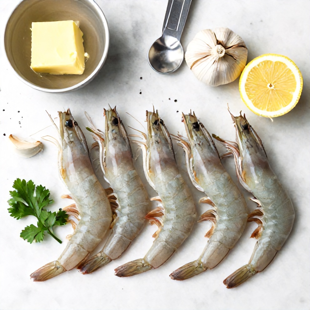 Raw shrimp, garlic, butter, lemon, parsley, and seasonings laid out on a wooden surface