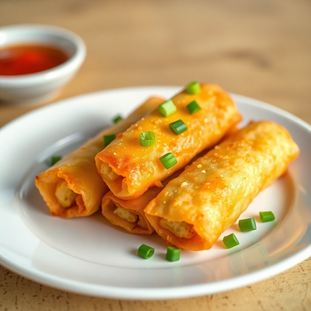 Plated breakfast egg rolls with a side of salsa