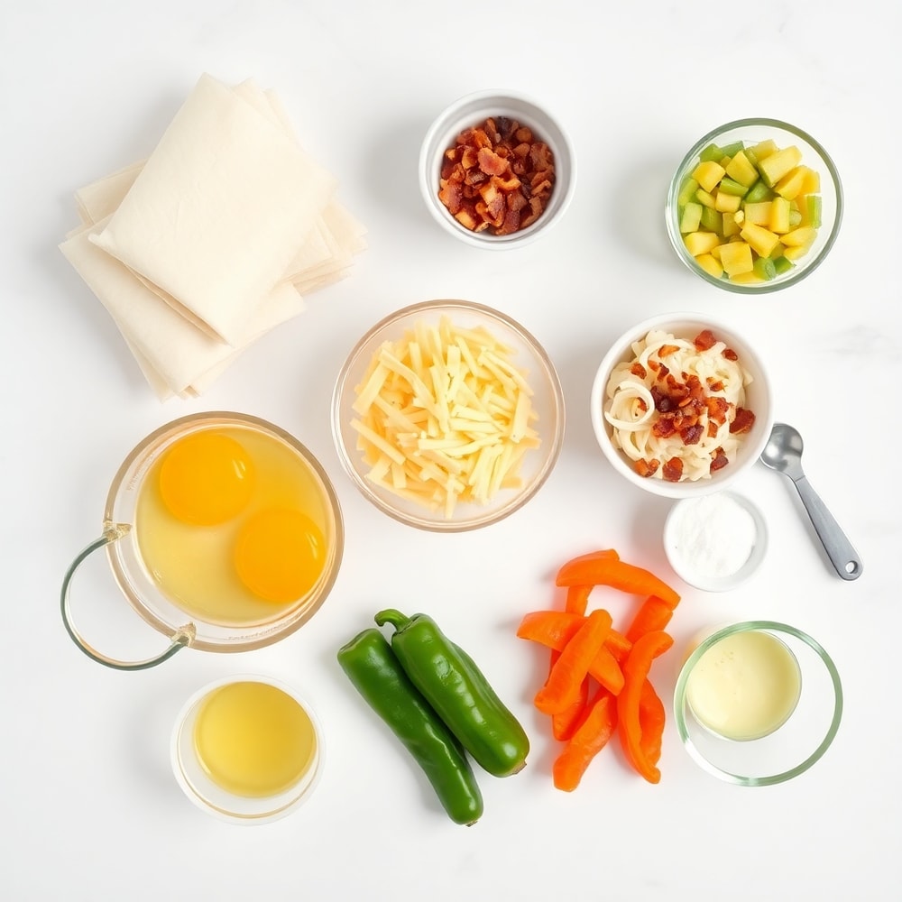 Raw ingredients for breakfast egg rolls on a marble surface