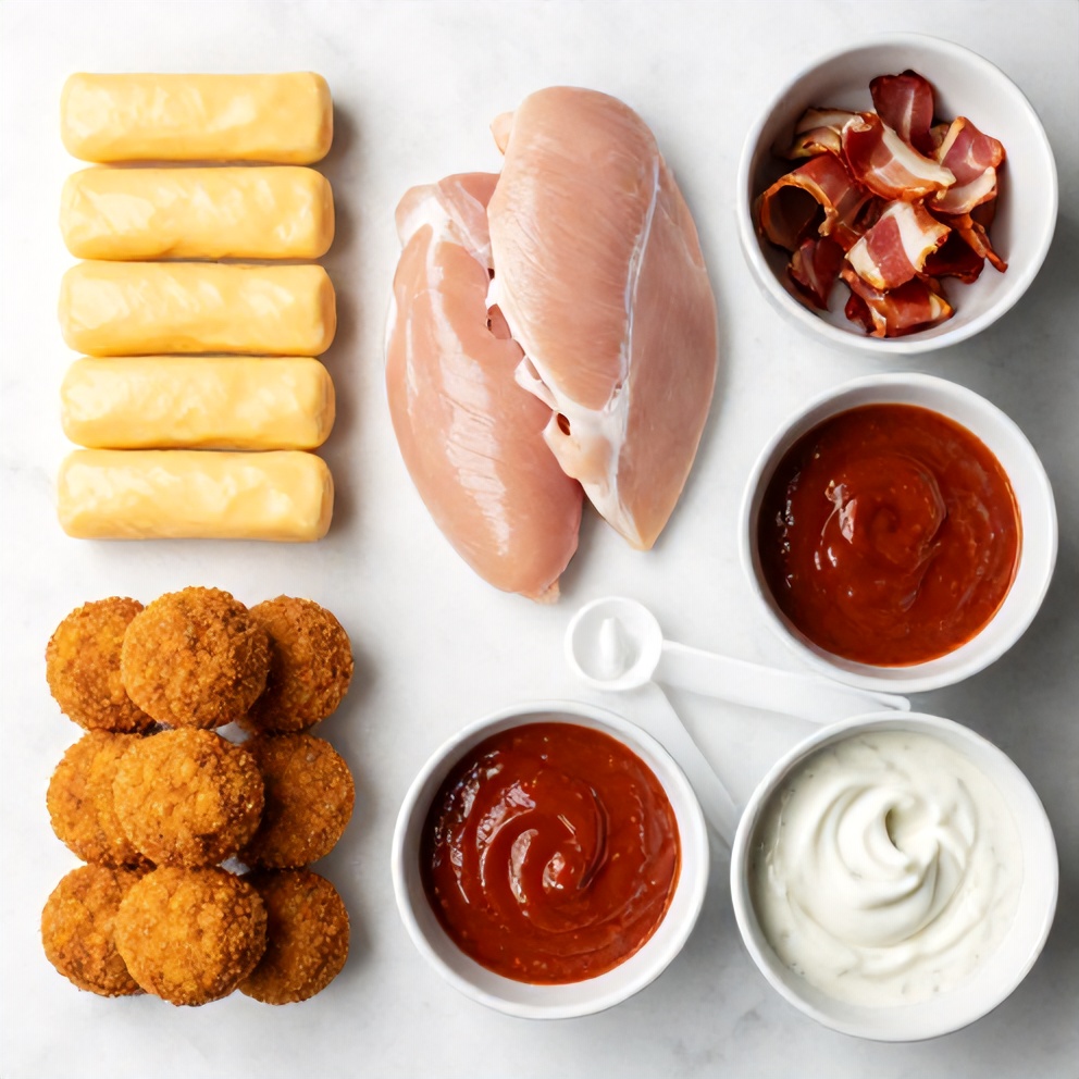 Raw ingredients for Buffalo Chicken Bacon Mozzarella Bombs