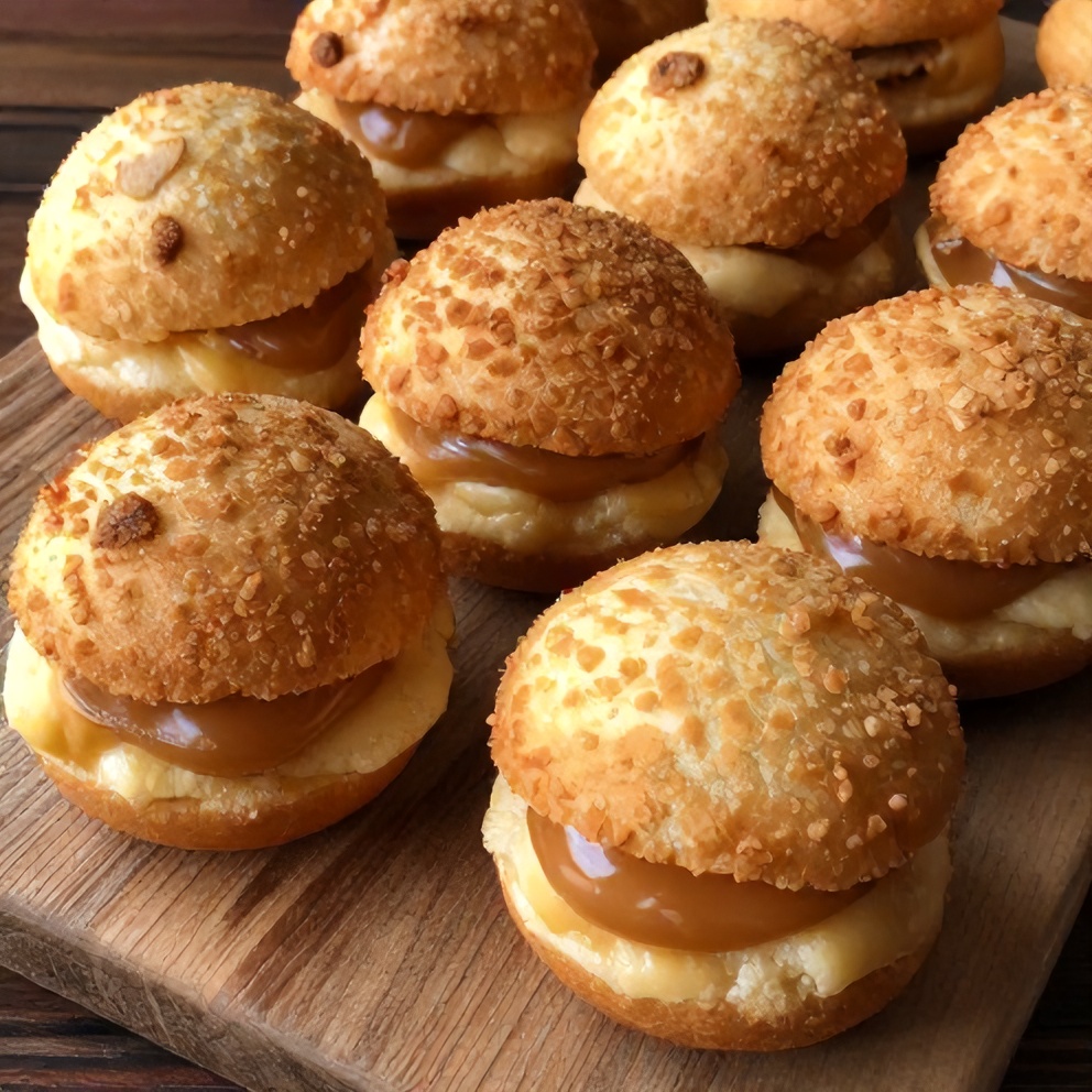 crispy caramel custard filled donuts