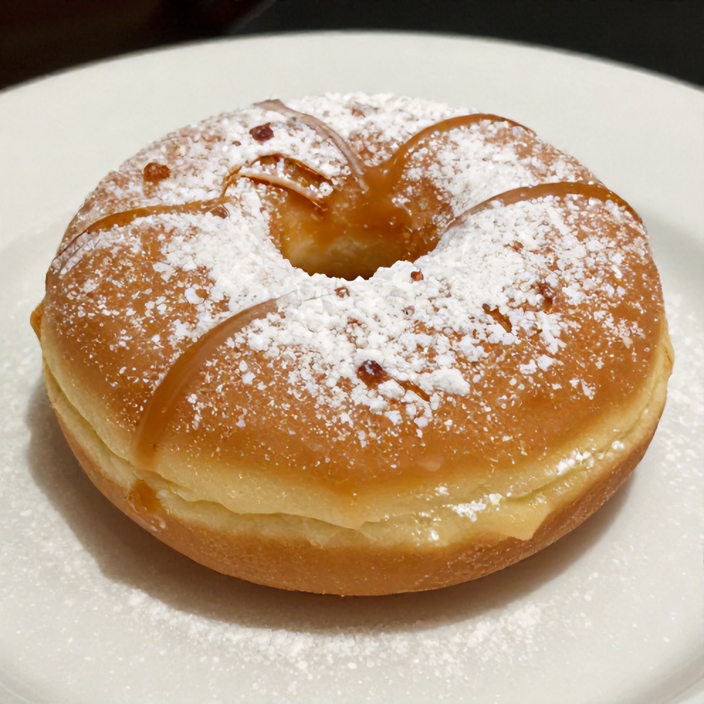 A single crispy caramel custard filled donut on a white plate
