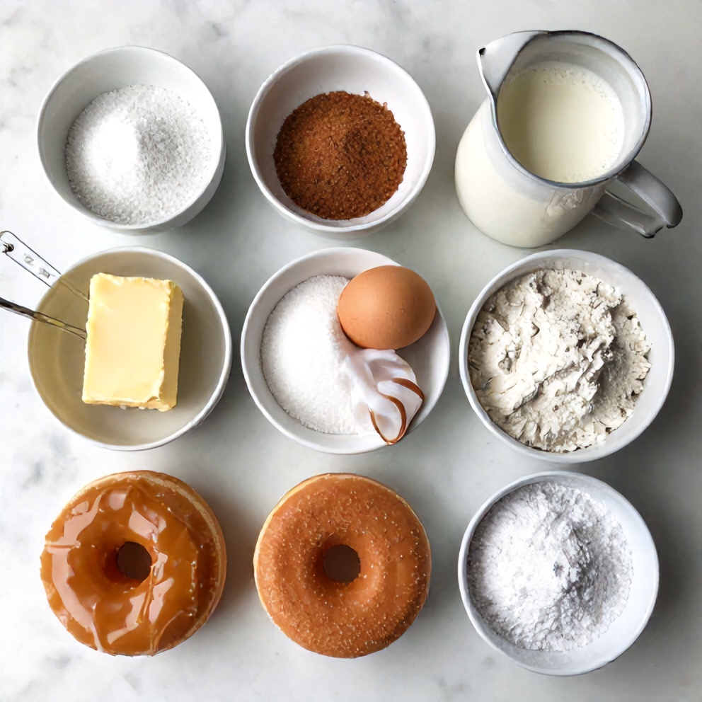 Raw ingredients for caramel filled donuts arranged on a white marble surface