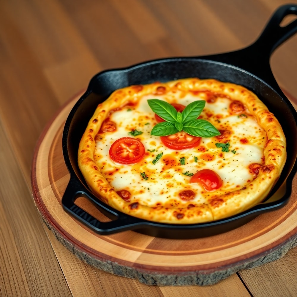 Plated serving of Crispy Cast Iron Skillet Pizza on a rustic wooden board