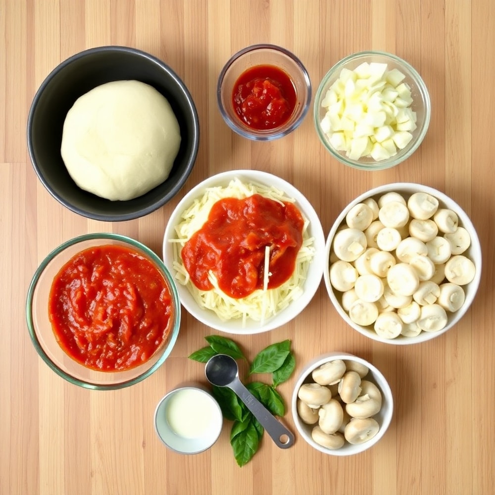 Raw ingredients for Crispy Cast Iron Skillet Pizza on a wooden surface