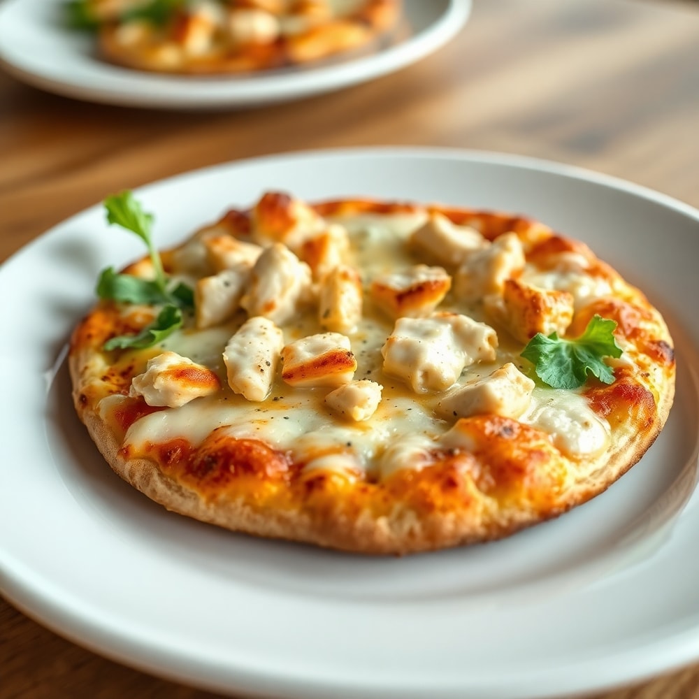 Close-up of Chicken Caesar Salad Pizza slice on a plate
