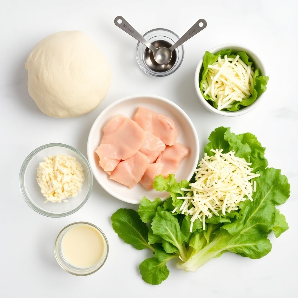 Raw ingredients for Chicken Caesar Salad Pizza on a marble surface