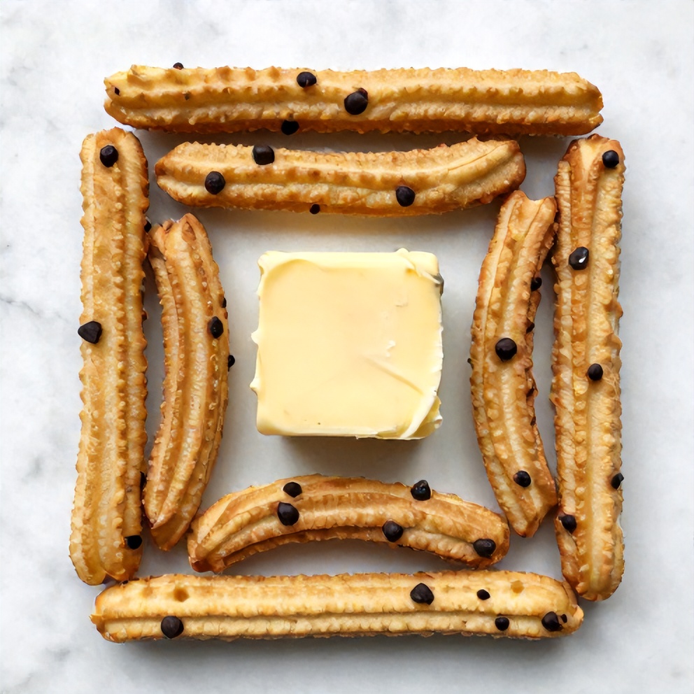Saltines, butter, chocolate chips, and churros laid out on a marble surface