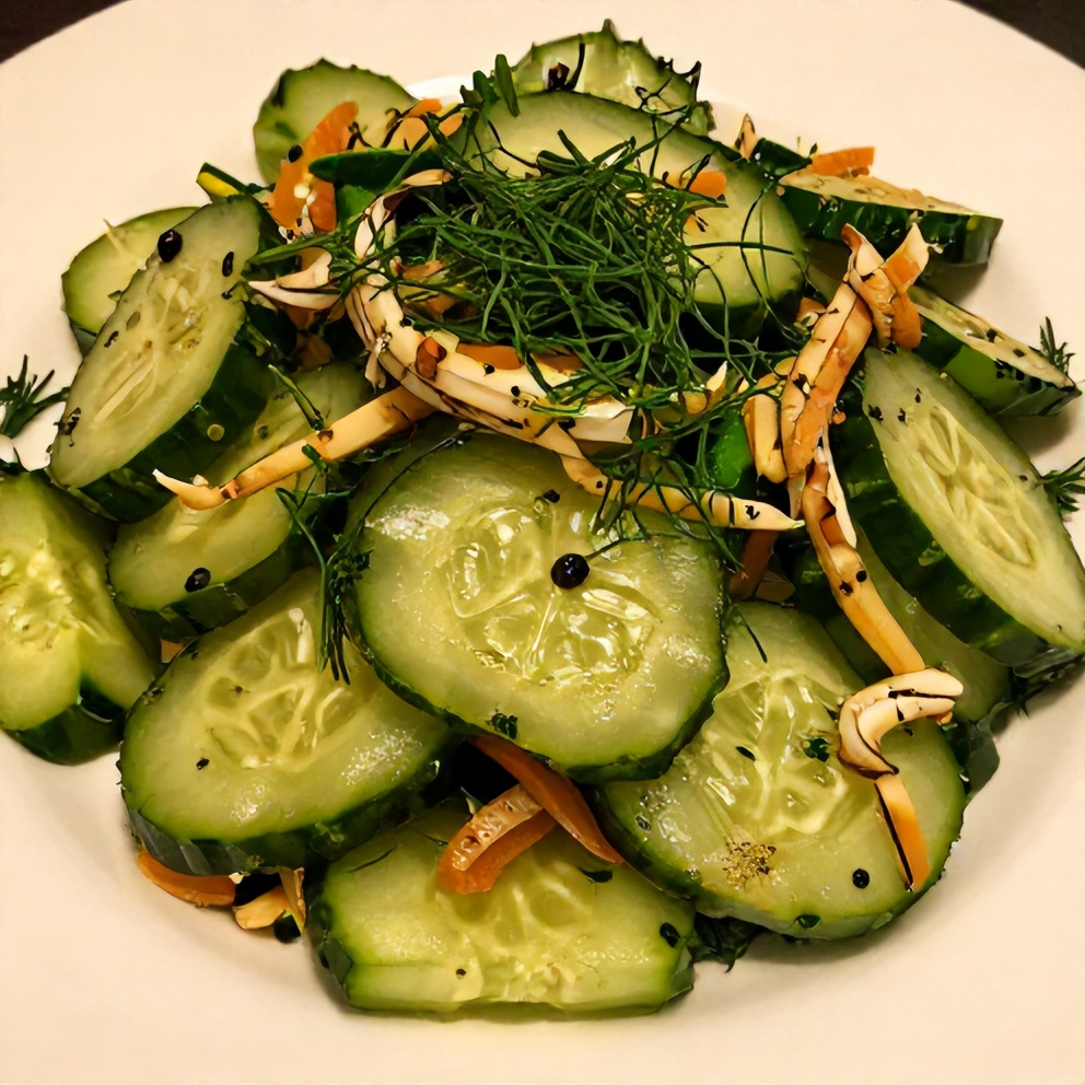Plated Cucumber Dill Salad with fresh dill garnish