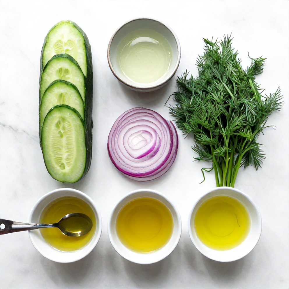 Raw ingredients for Cucumber Dill Salad on a marble surface