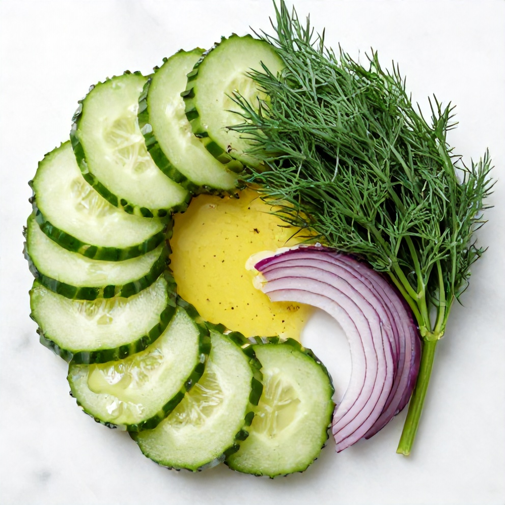 Raw ingredients for Crispy Cucumber Salad on a white marble surface