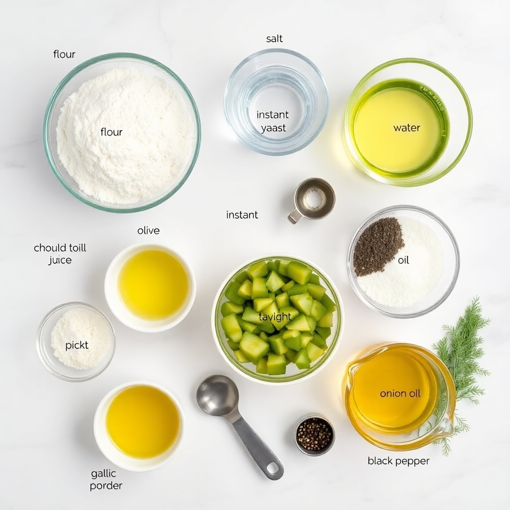 Raw ingredients for Dill Pickle Bread on a marble surface