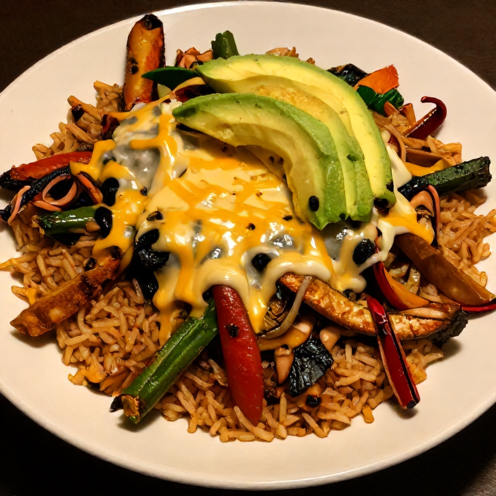 Crispy fajita veggies served on a bed of rice with a side of guacamole