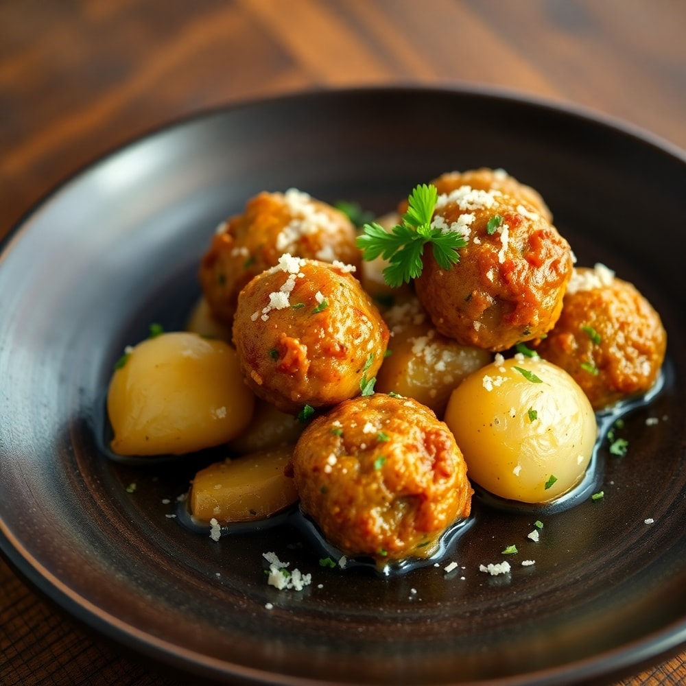 Plated serving of crispy garlic butter one-pan meatballs and potatoes