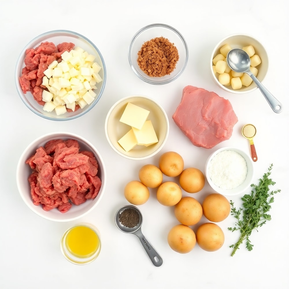 Raw ingredients for garlic butter one-pan meatballs and potatoes