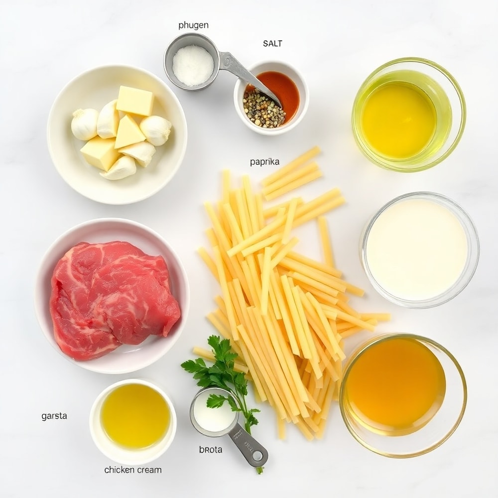 Raw ingredients for Garlic Butter Steak Bites with Pasta