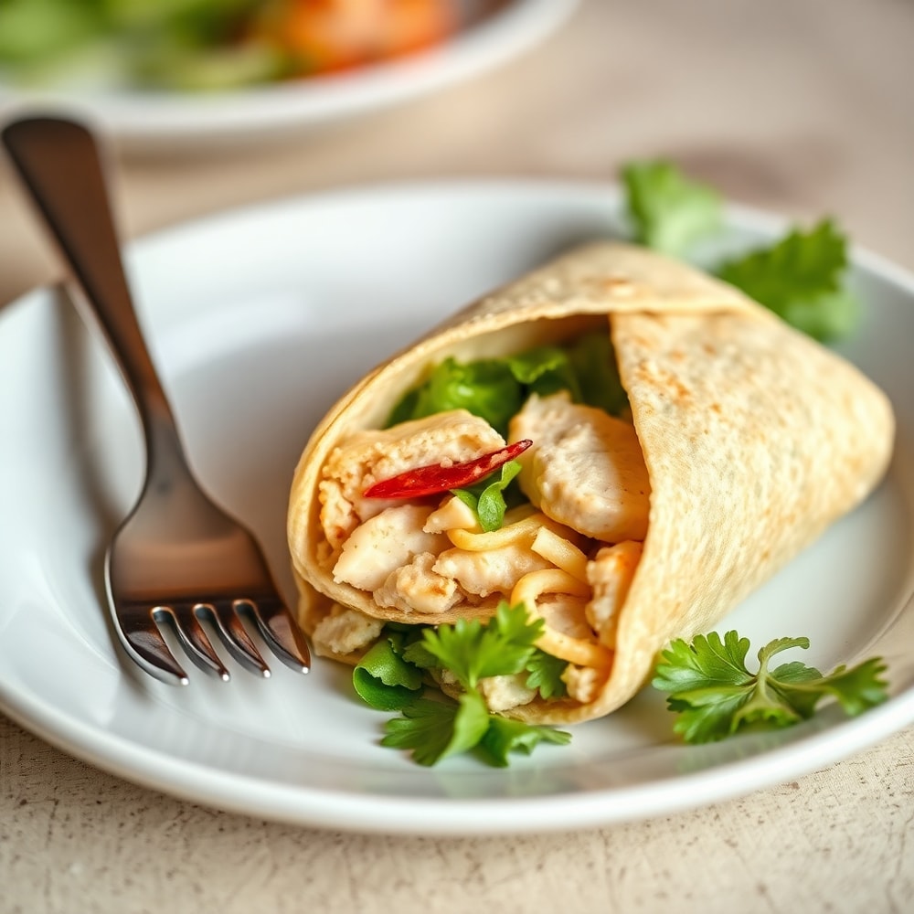 Chicken Caesar wrap on a white plate with a fork and knife