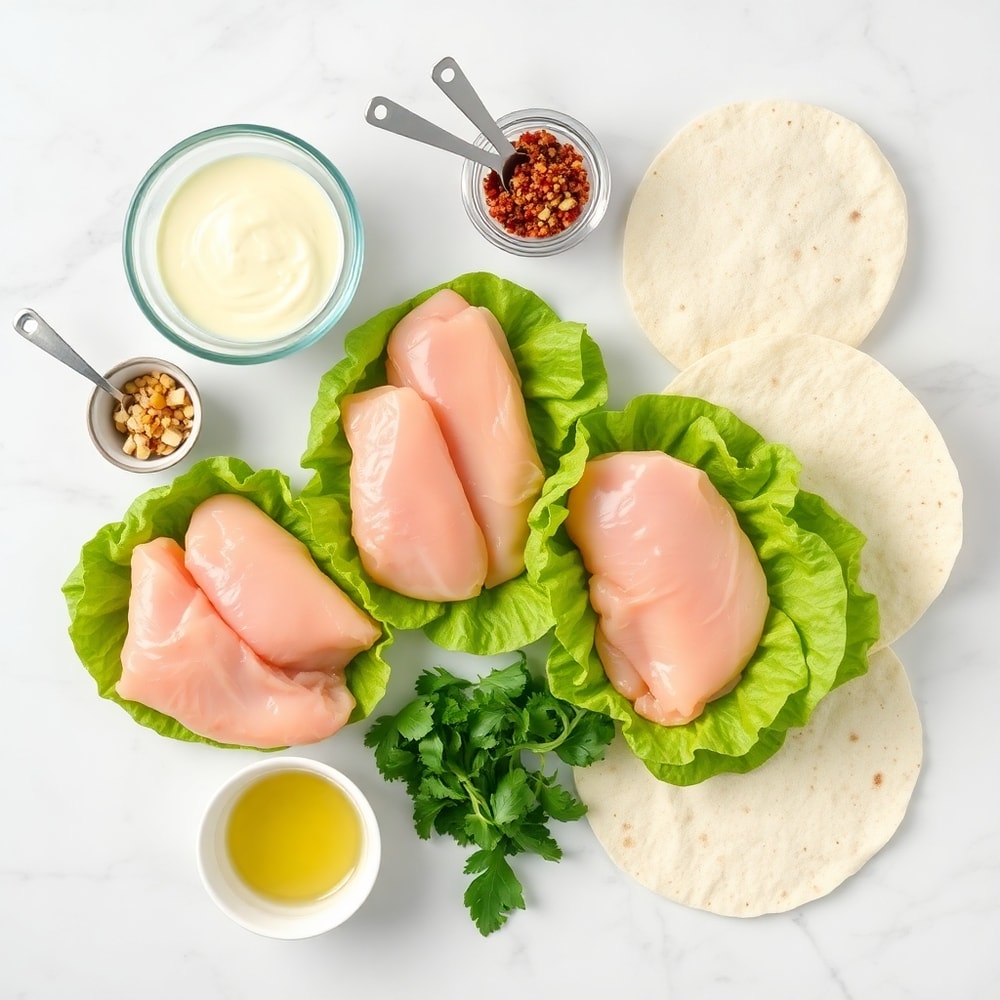 Raw ingredients for chicken Caesar wraps on a marble surface