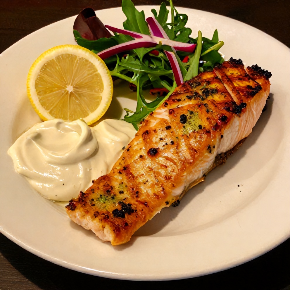 Plated crispy grilled lemon herb salmon with garlic aioli dip