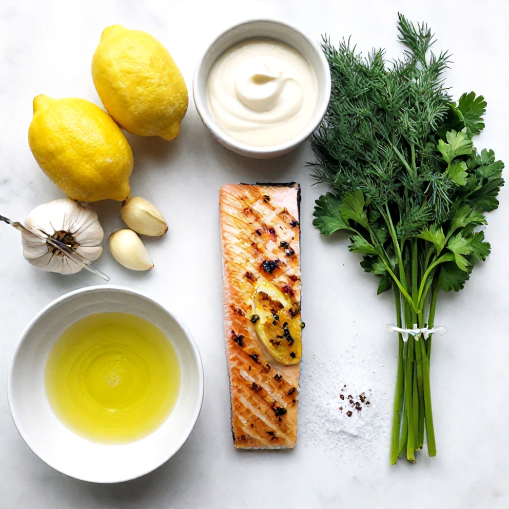Raw ingredients for crispy grilled lemon herb salmon and garlic aioli
