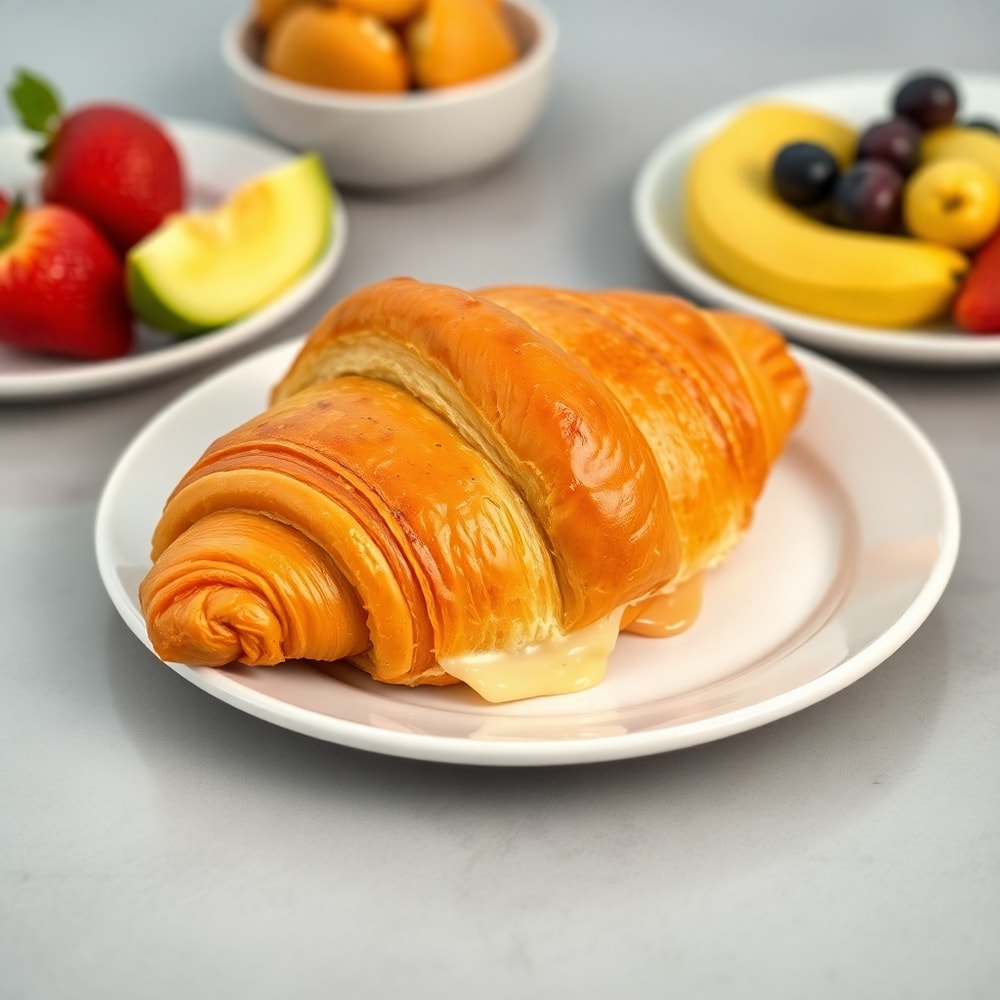 Plated ham and cheese croissant with a side of fresh fruit