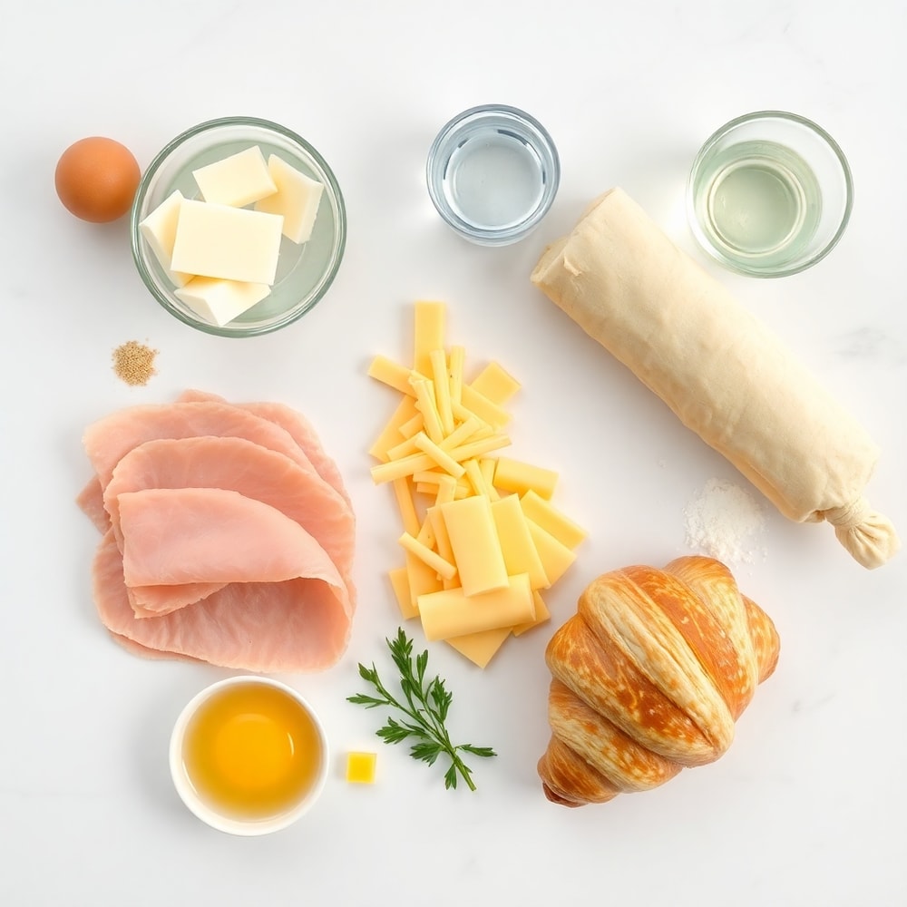 Ham, cheese, croissant dough, and other ingredients laid out on a white marble counter