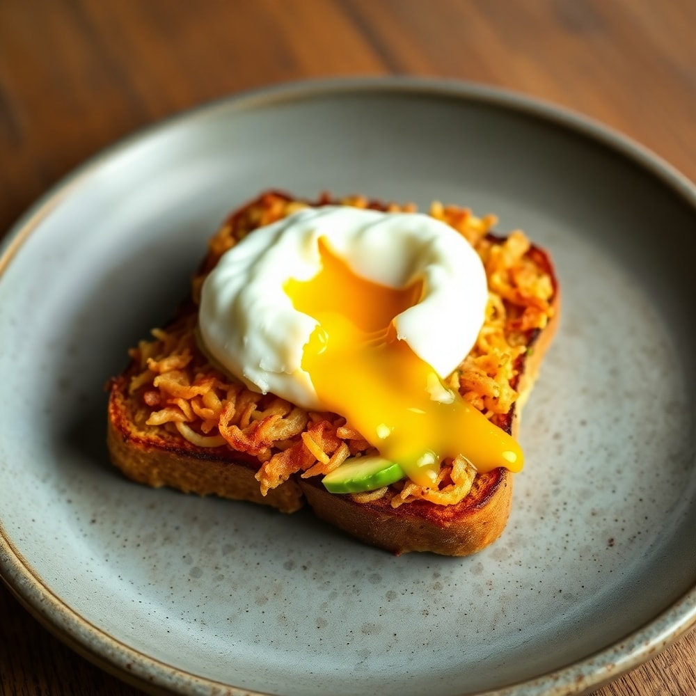 Perfectly plated Hash Brown Avocado Toast with a poached egg