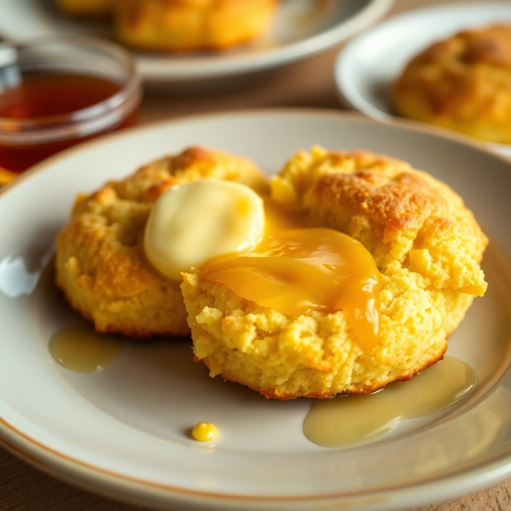 Plated serving of cornbread biscuits with honey butter