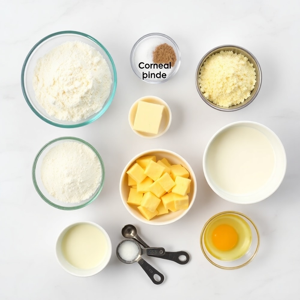 Raw ingredients for cornbread biscuits on a marble surface
