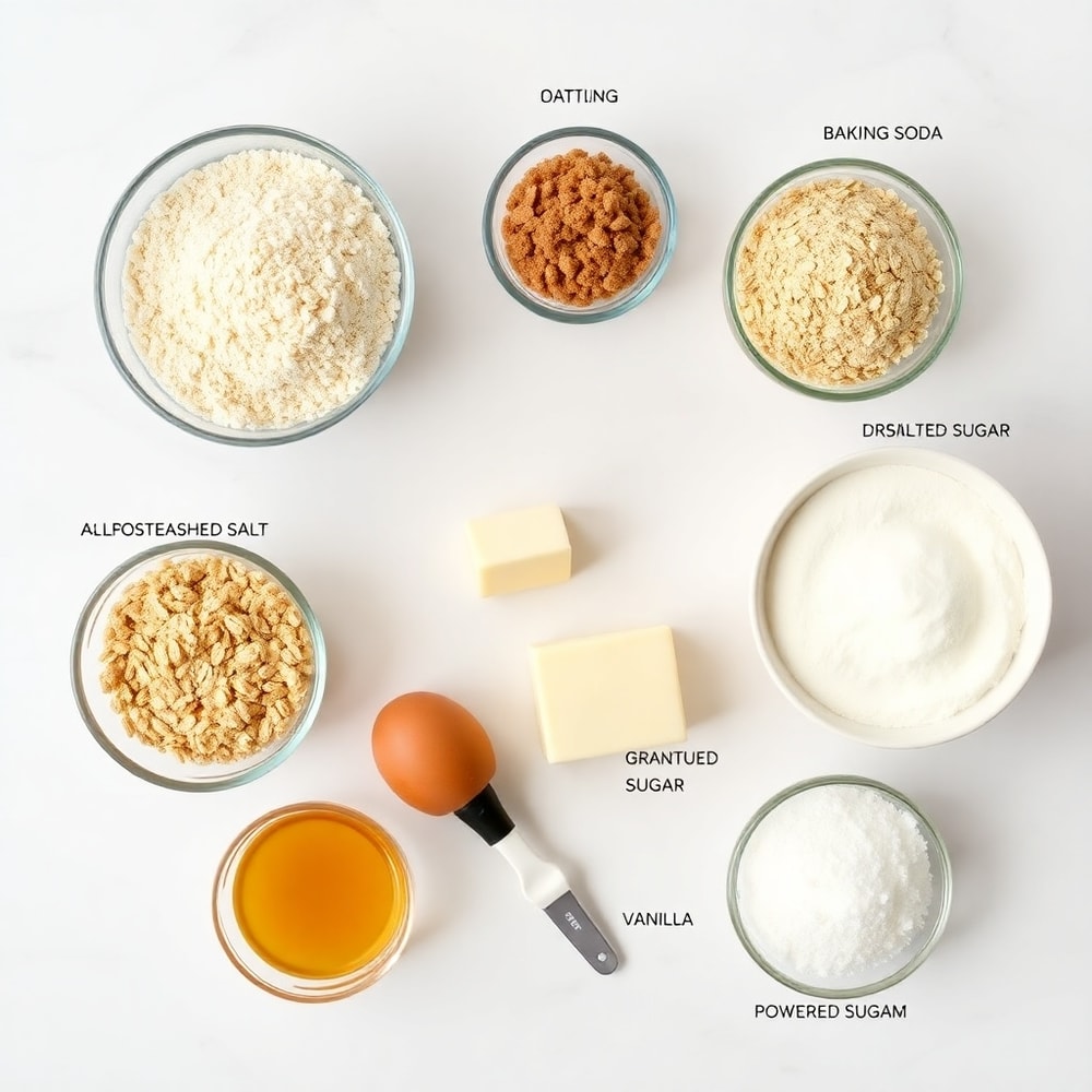 Raw ingredients for homemade oatmeal cream pies on a marble surface