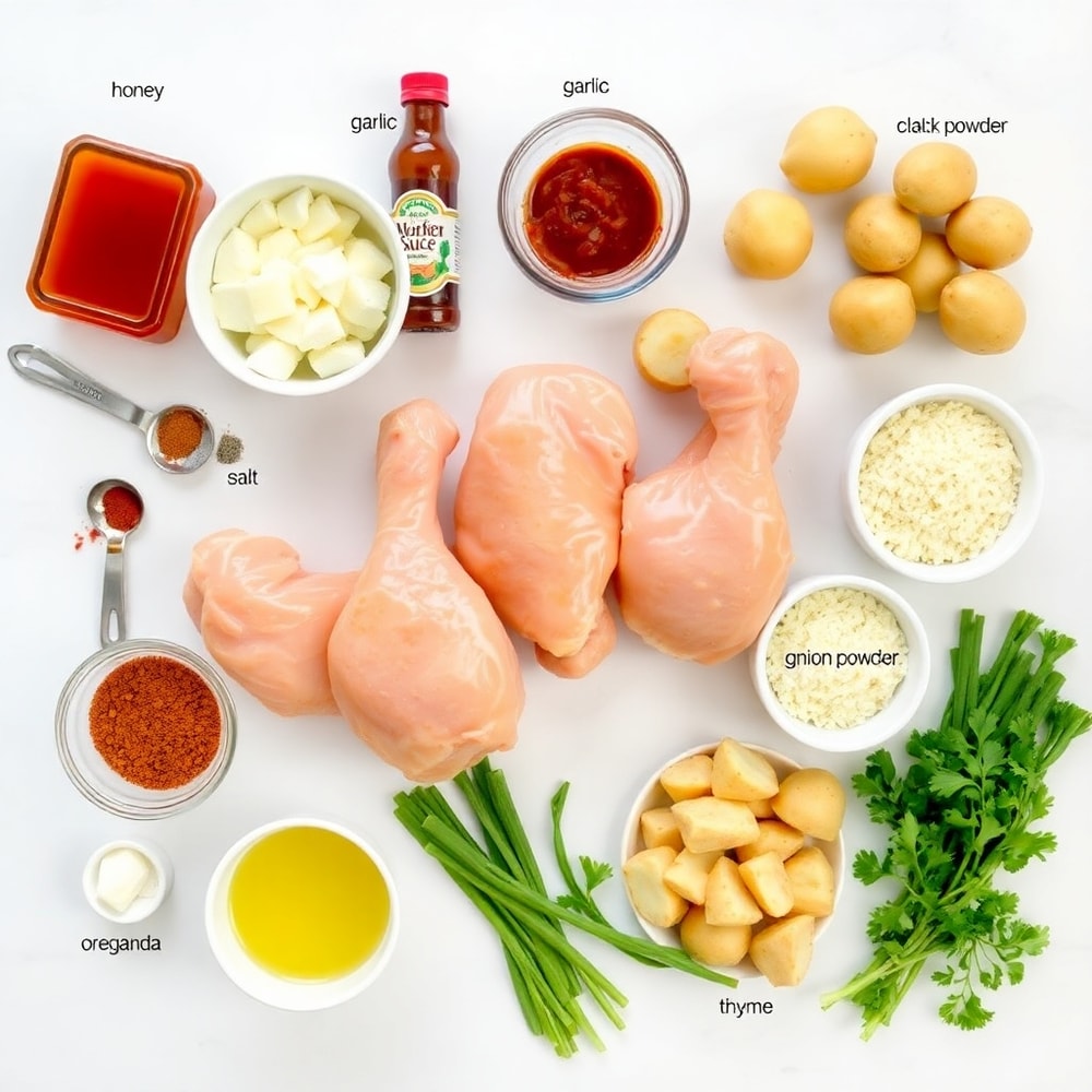 Raw ingredients for Honey BBQ Chicken with Creamy Garlic Parmesan Potatoes
