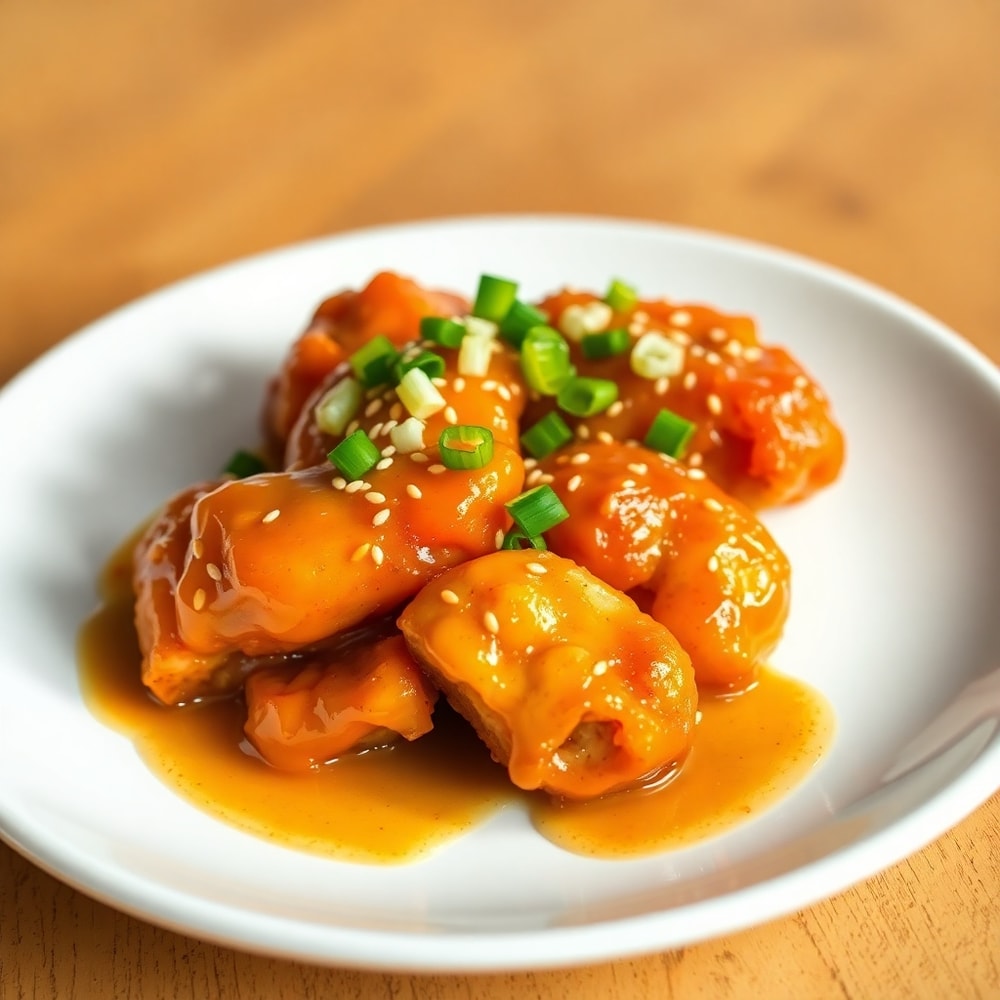 Plated Crispy Honey Garlic Chicken with green onions