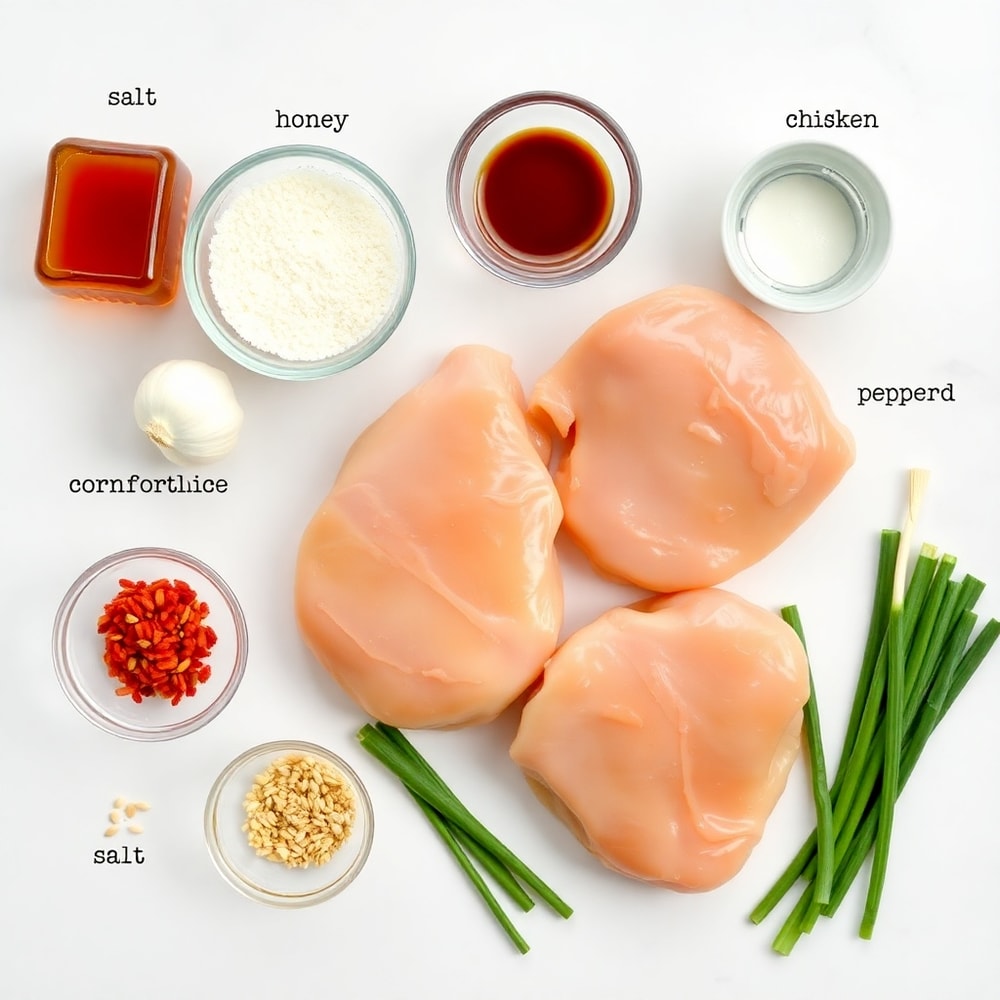 Raw ingredients for Crispy Honey Garlic Chicken on a white marble surface