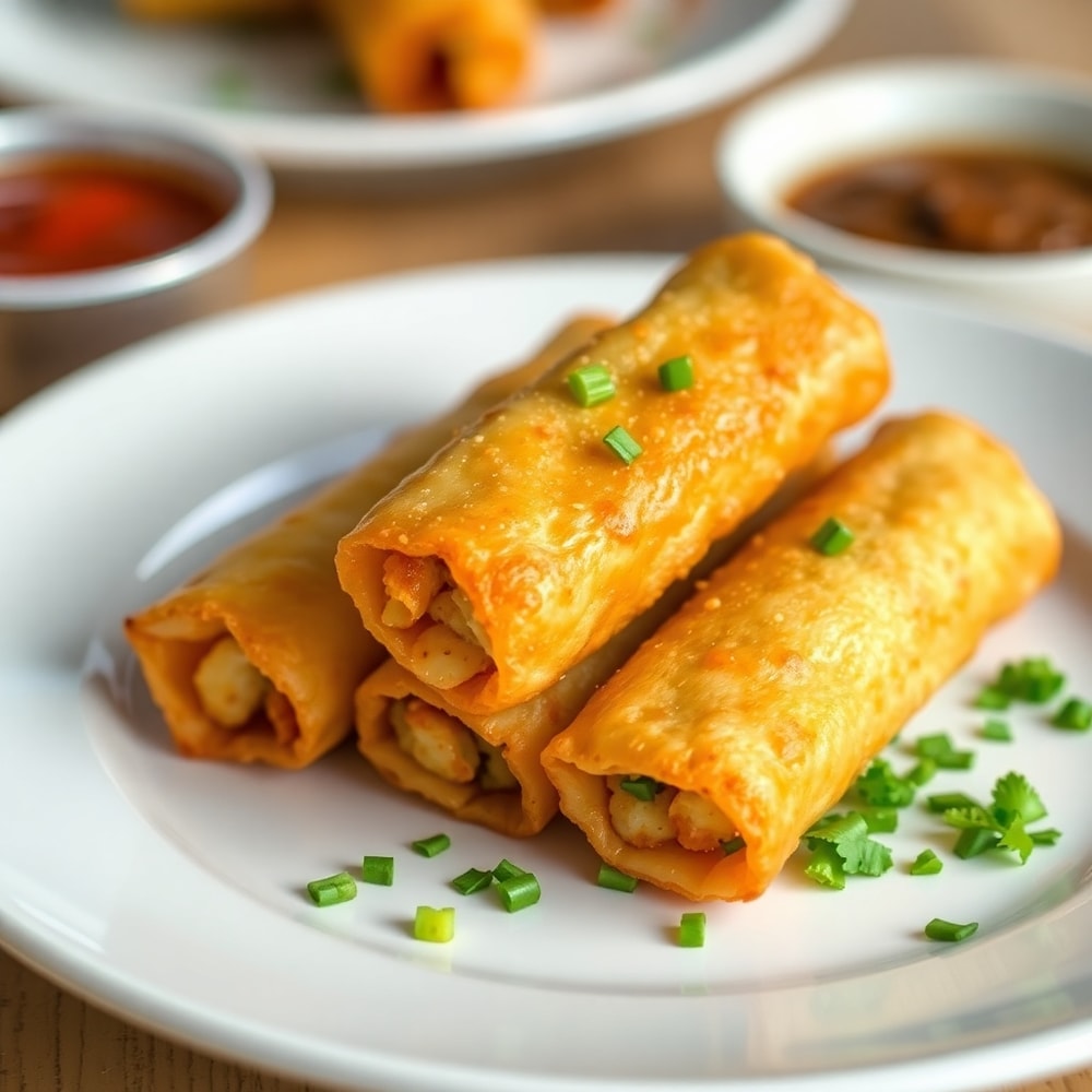Jalapeno Popper Egg Rolls on a white plate with a garnish of chopped cilantro