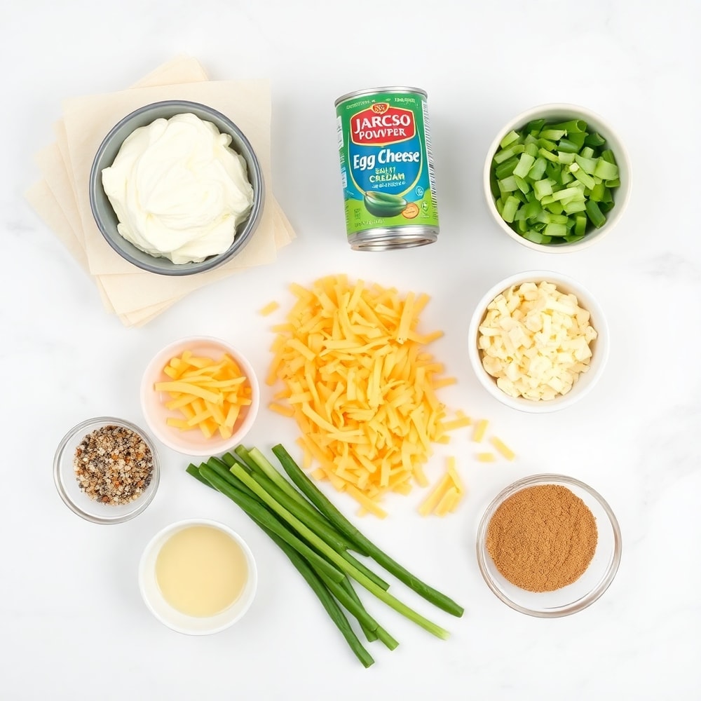Raw ingredients for Jalapeno Popper Egg Rolls on a white marble surface