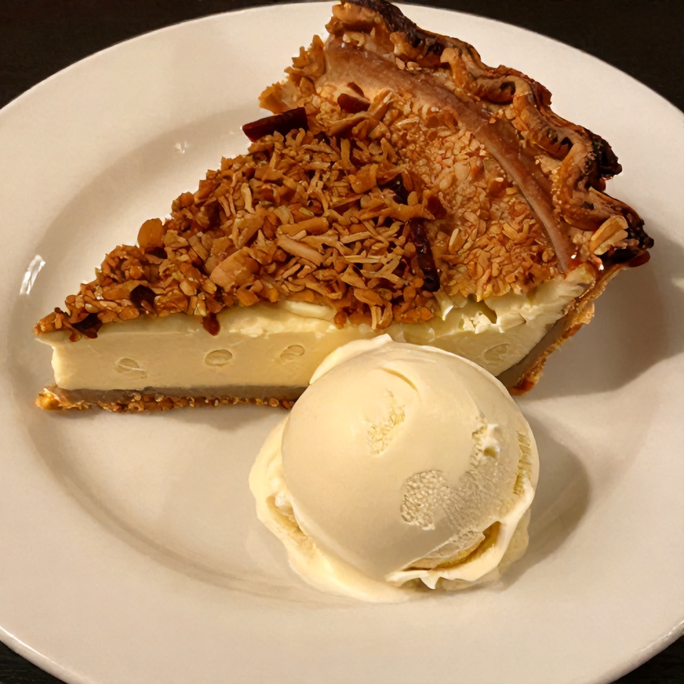 Sliced Kentucky Sawdust Pie on a plate with a scoop of vanilla ice cream