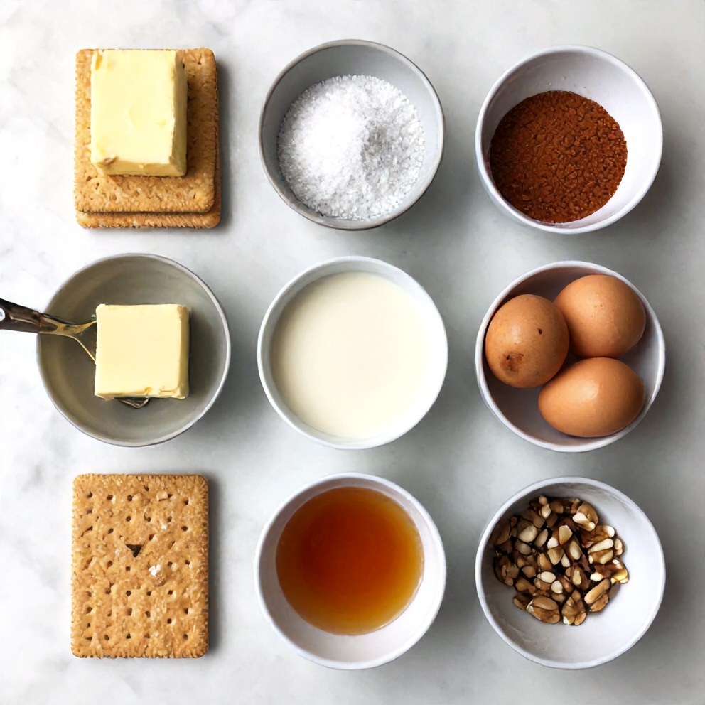 Raw ingredients for Kentucky Sawdust Pie including graham crackers, butter, sugar, and evaporated milk