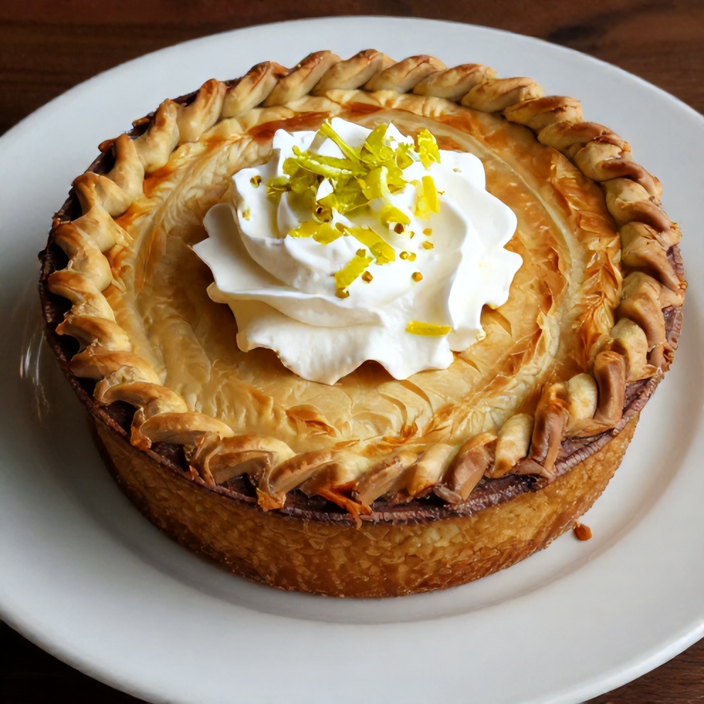Plated serving of Marlborough Pie with fresh whipped cream and lime zest