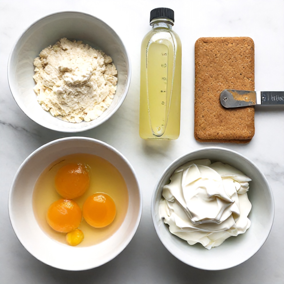 Raw ingredients for Marlborough Pie: graham crackers, condensed milk, lime juice, egg yolks, and fresh whipped cream