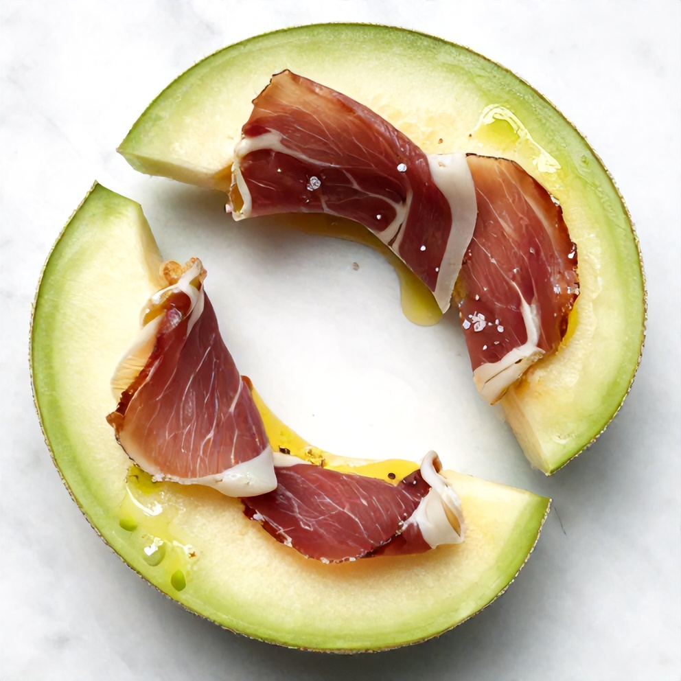 Cantaloupe, prosciutto, olive oil, salt, and pepper arranged on a wooden board