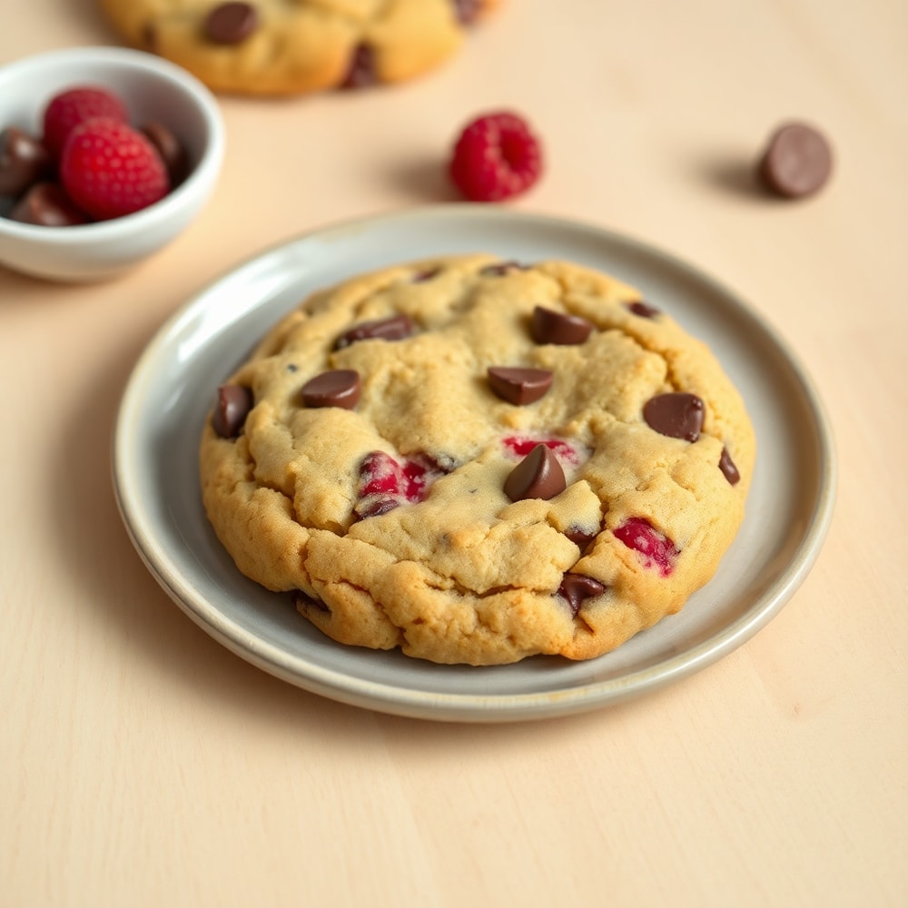 Raspberry Chocolate Chip Cookies on a light wooden surface