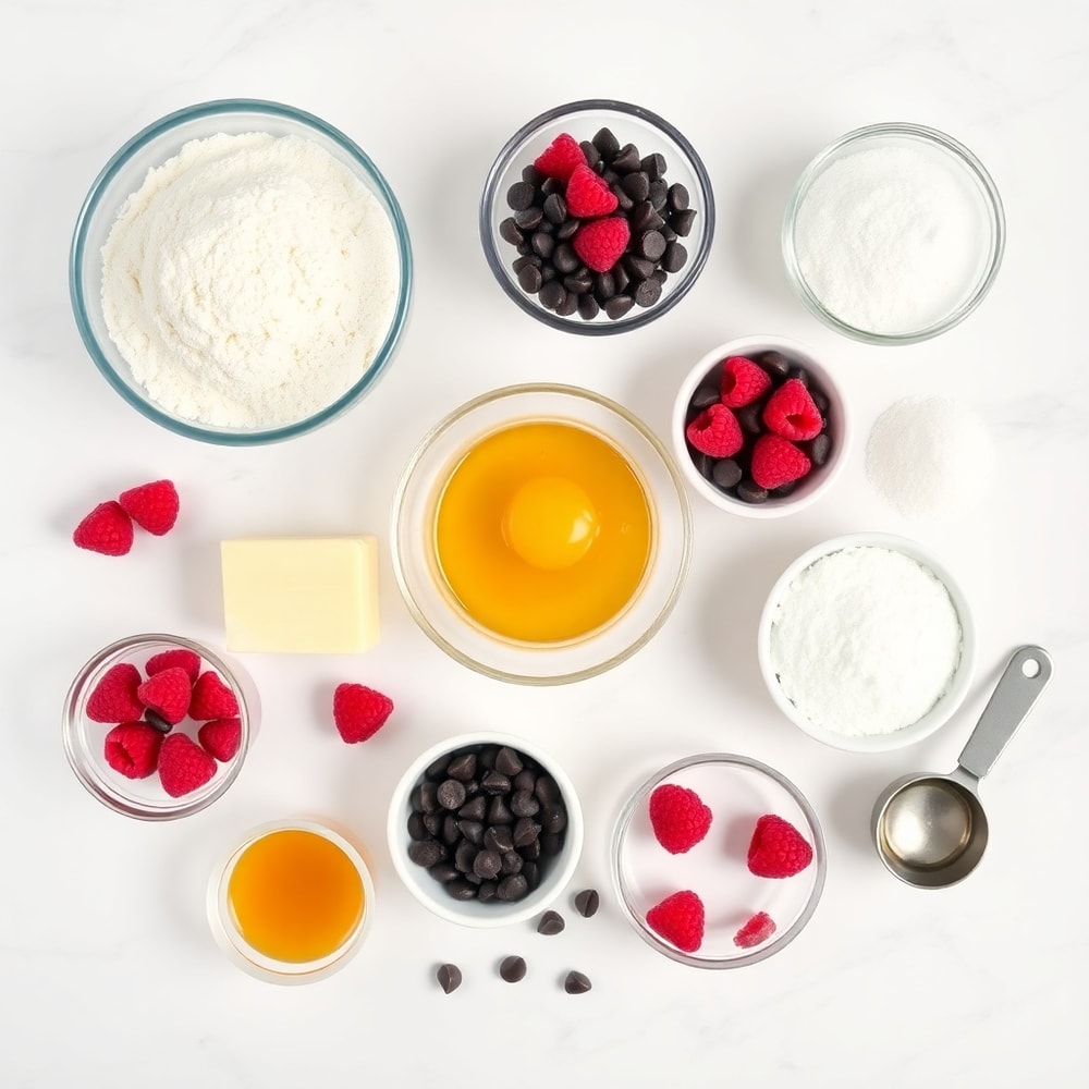 Raspberries, chocolate chips, flour, and other ingredients for Raspberry Chocolate Chip Cookies