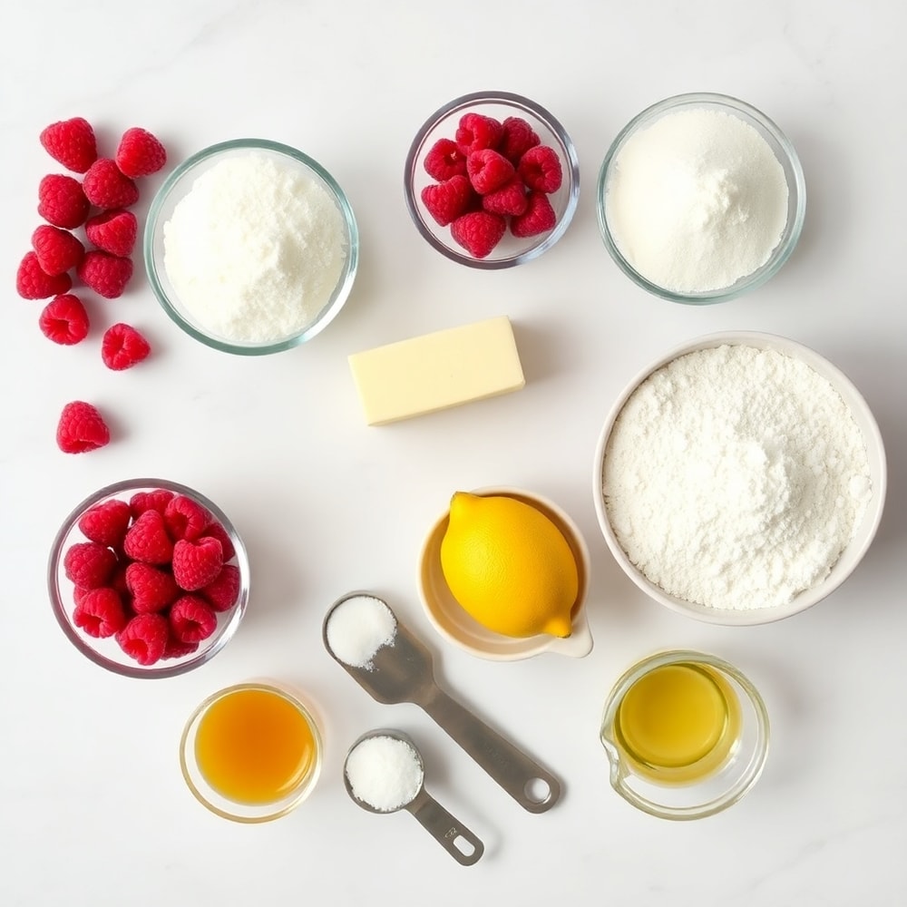 Raspberry, lemon, flour, sugar, butter, and eggs arranged on a white marble surface