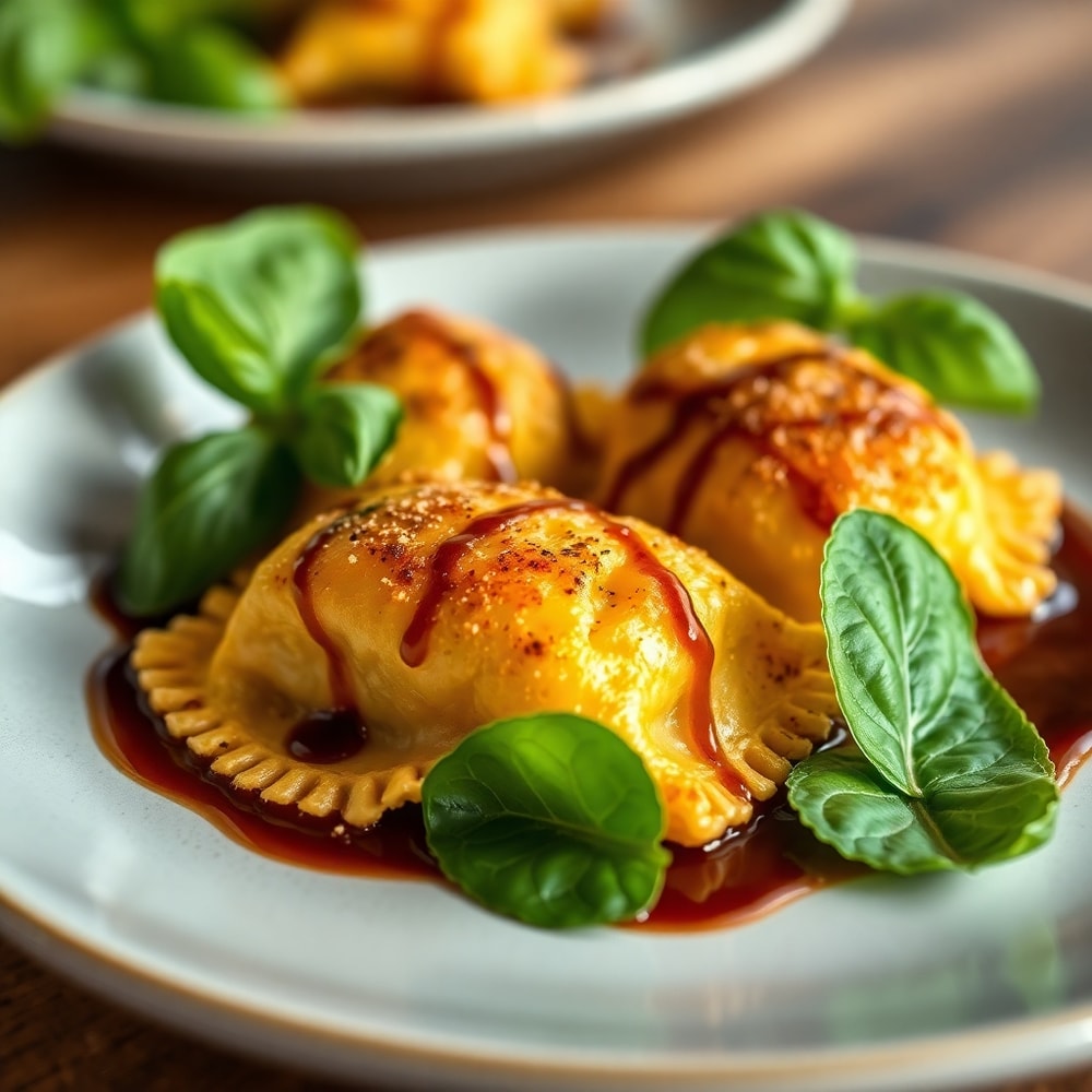 Plated Crispy Ravioli Appetizer with fresh basil and balsamic glaze