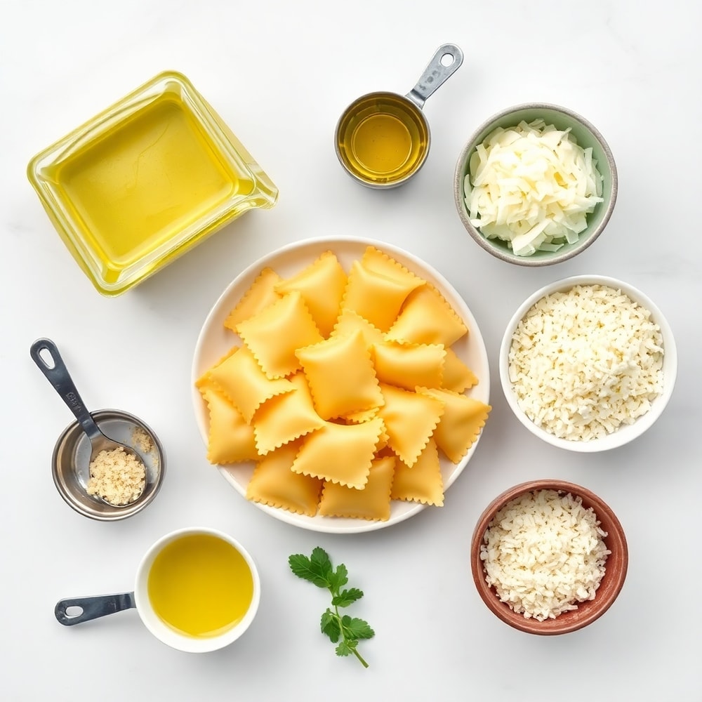 Raw ingredients for Crispy Ravioli Appetizer: frozen ravioli, olive oil, garlic, parmesan, mozzarella