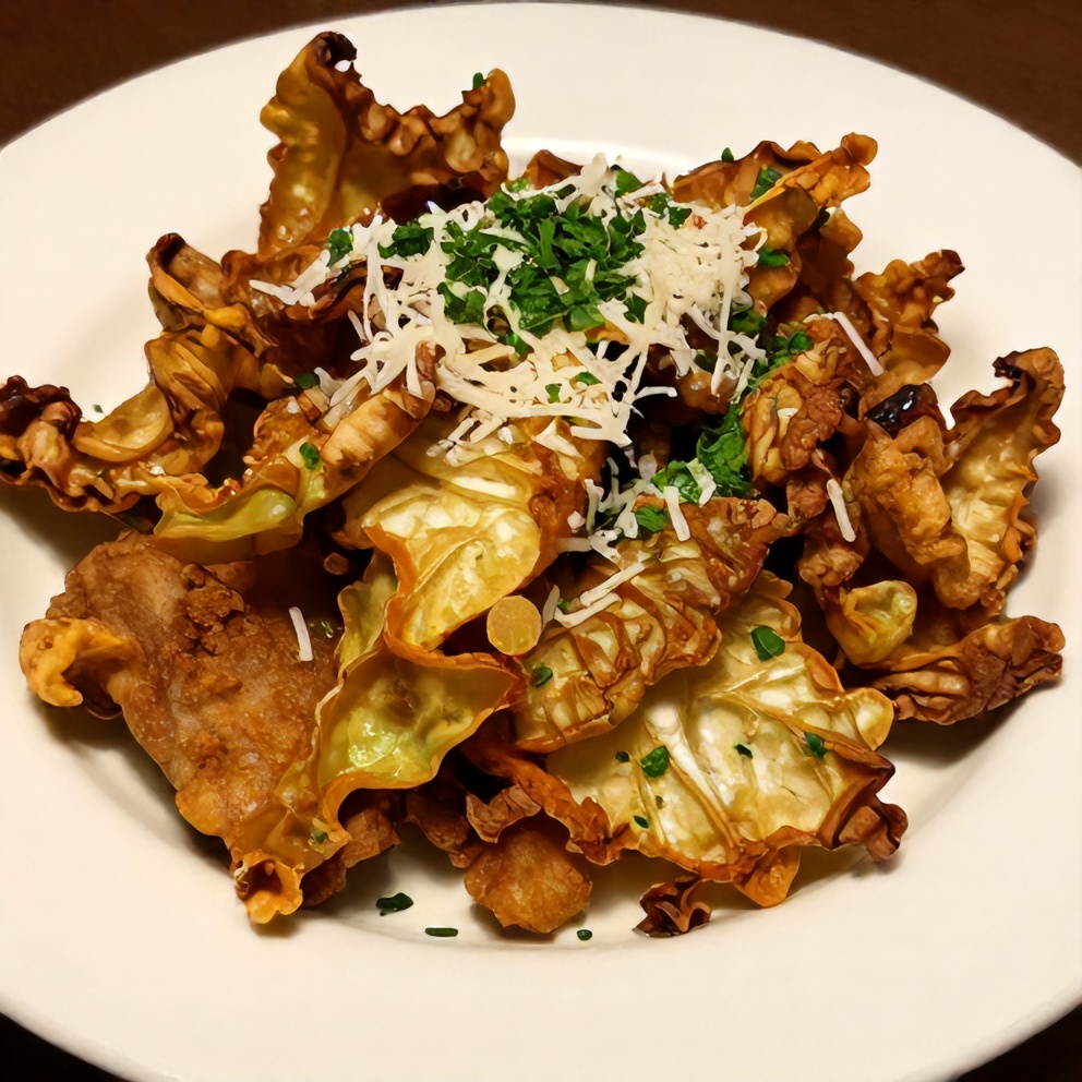 Plated savory fried cabbage and sausage with a sprinkle of parsley