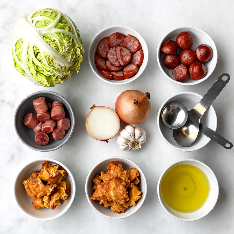 Raw ingredients for savory fried cabbage and sausage