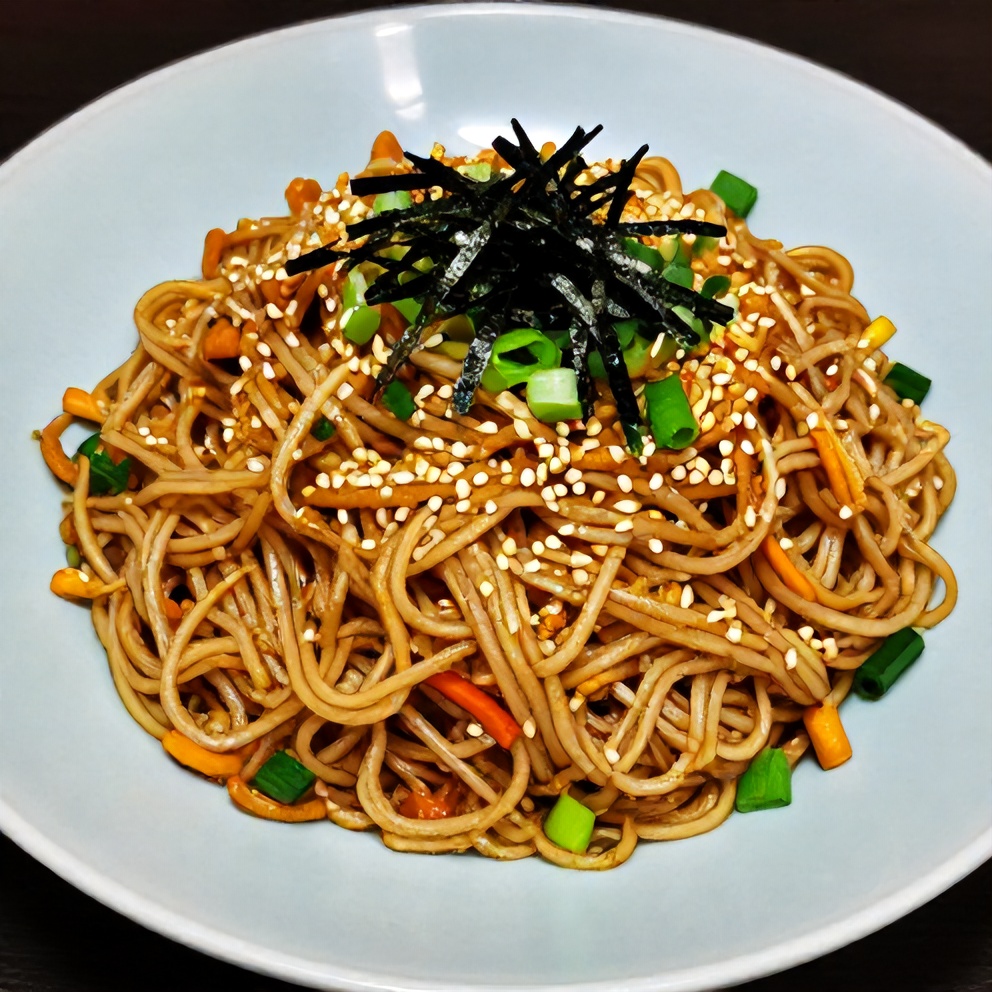 Plated crispy sesame soba noodles