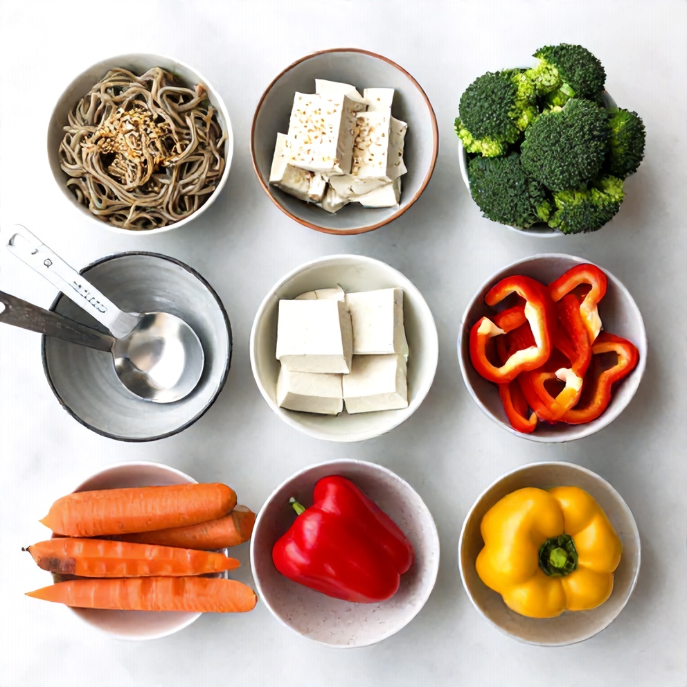 Raw ingredients for crispy sesame soba noodles