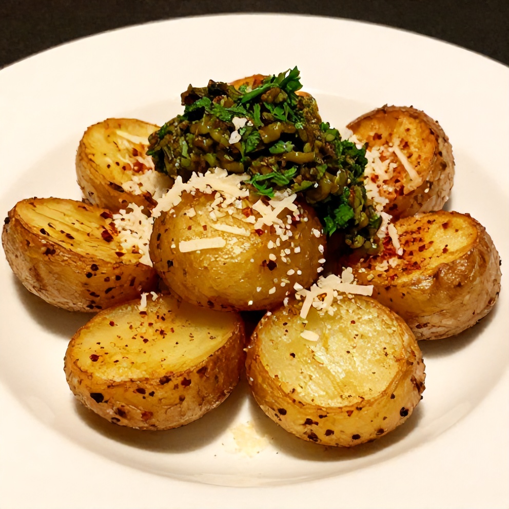 Plated crispy smashed potatoes with olive tapenade